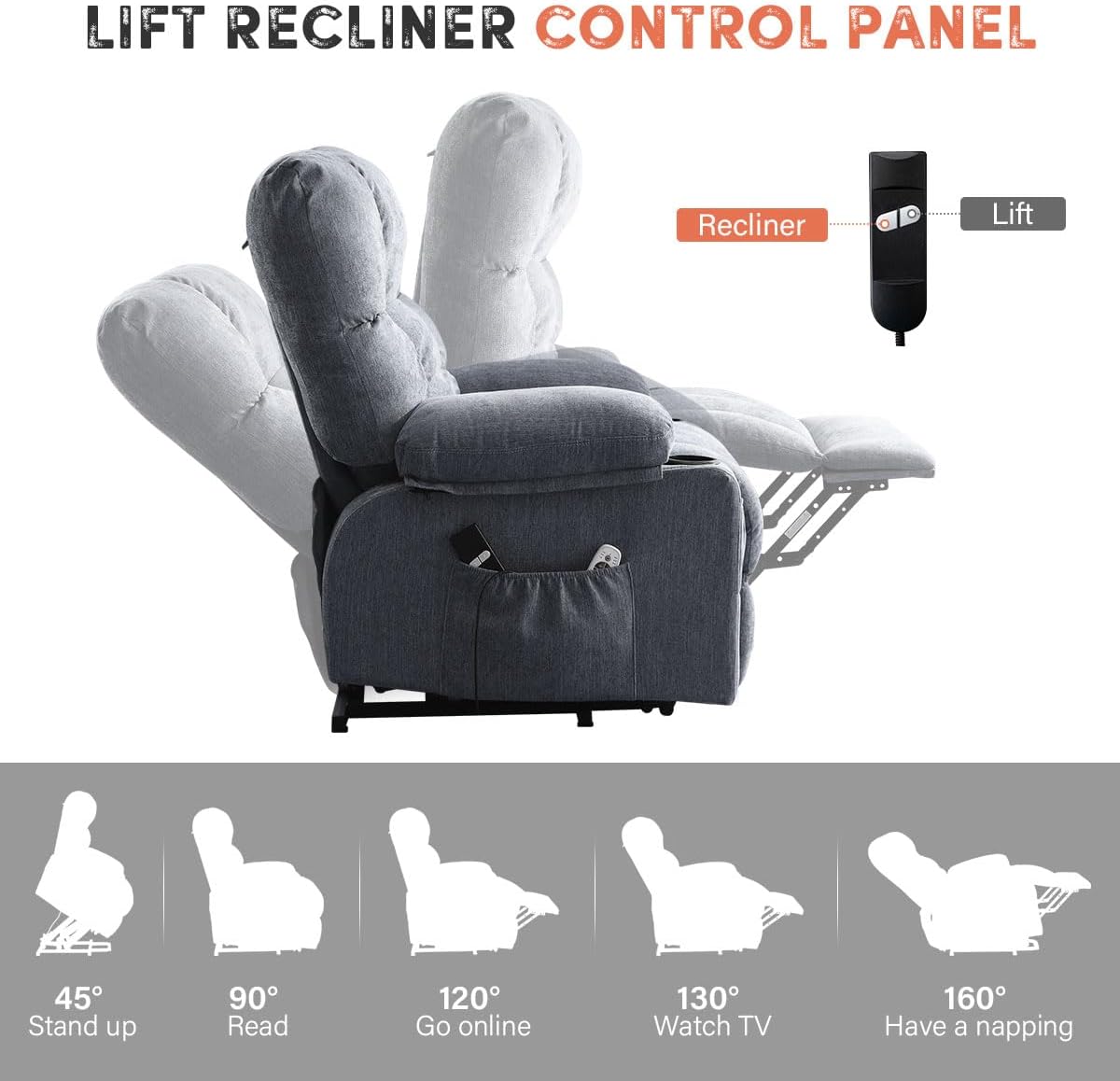 BOSMILLER Power Lift Recliner Chair with Massage and Heat for Elderly, Electric Recliner Single Sofa with Two Cup Holders, Extended Footrest, Side Pocket and USB Charge Port for Living Room