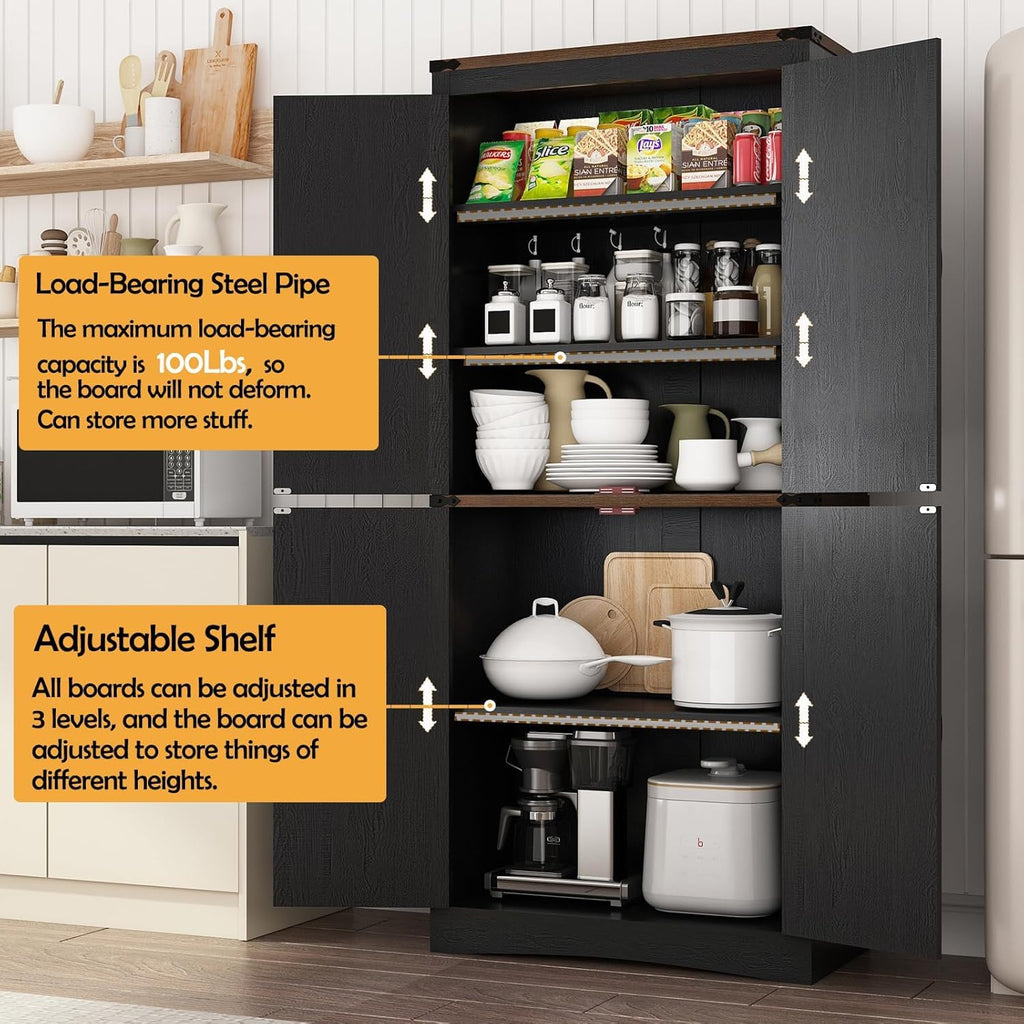 71in Farmhouse Kitchen Pantry Cabinet,Tall Storage Cabinet with 4 Doors and Adjustable shelves,with Load-Bearing Steel Pipe,Wood Storage Cabinets for Kitchen,Dining Room,Bathroom(Black)
