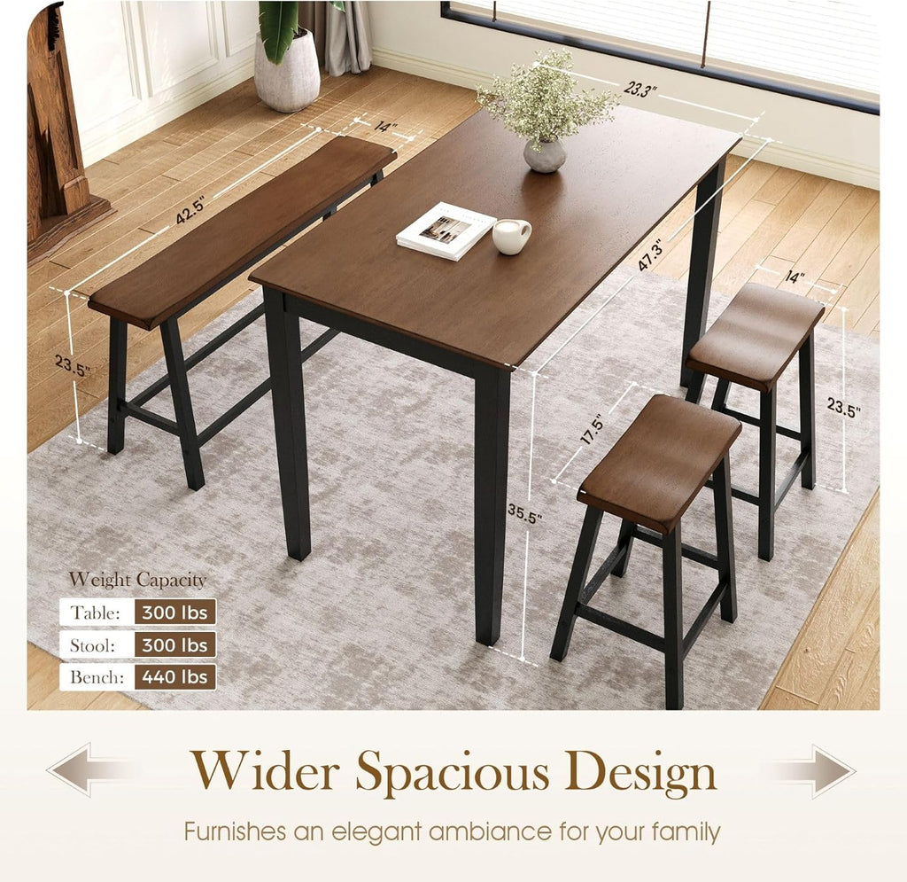Sophia & William Dining Table Set for 4, Counter Height Table and Chairs Set of 4, Wood Kitchen Table Set with Bench and Chairs, Rectangular Breakfast Dining Set Space Saving, Walnut & Black
