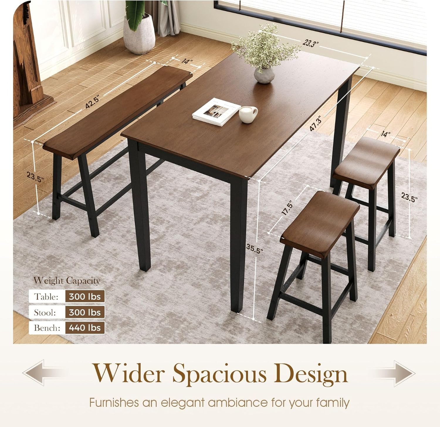 Sophia & William Dining Table Set for 4, Counter Height Table and Chairs Set of 4, Wood Kitchen Table Set with Bench and Chairs, Rectangular Breakfast Dining Set Space Saving, Walnut & Black