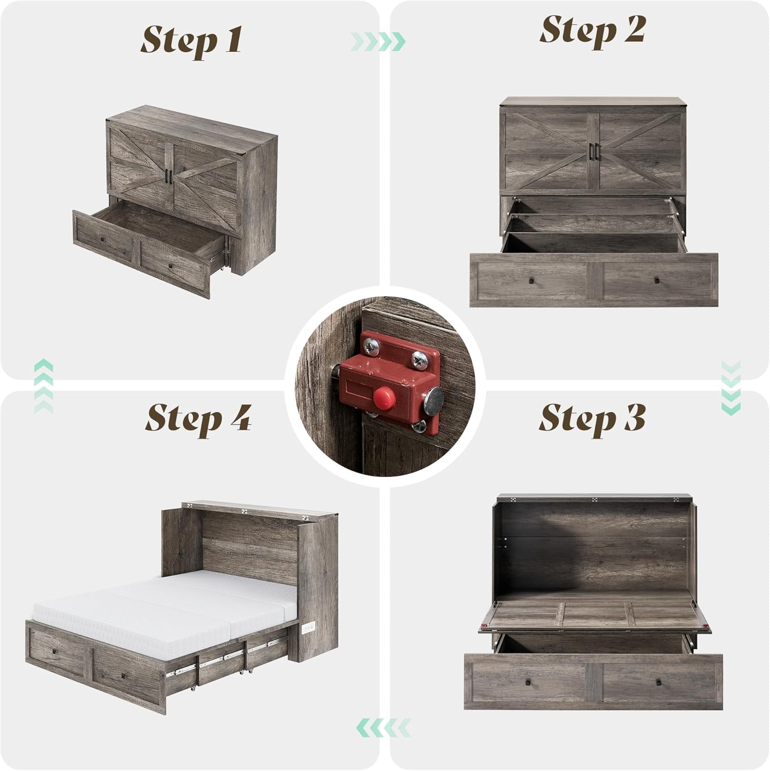 Queen Murphy Bed with 6" White Tri-Fold Memory Foam Mattress, Storage Drawer & Charging Station, Space-Saving Design for Home Office or Guest Room, Rustic Grey