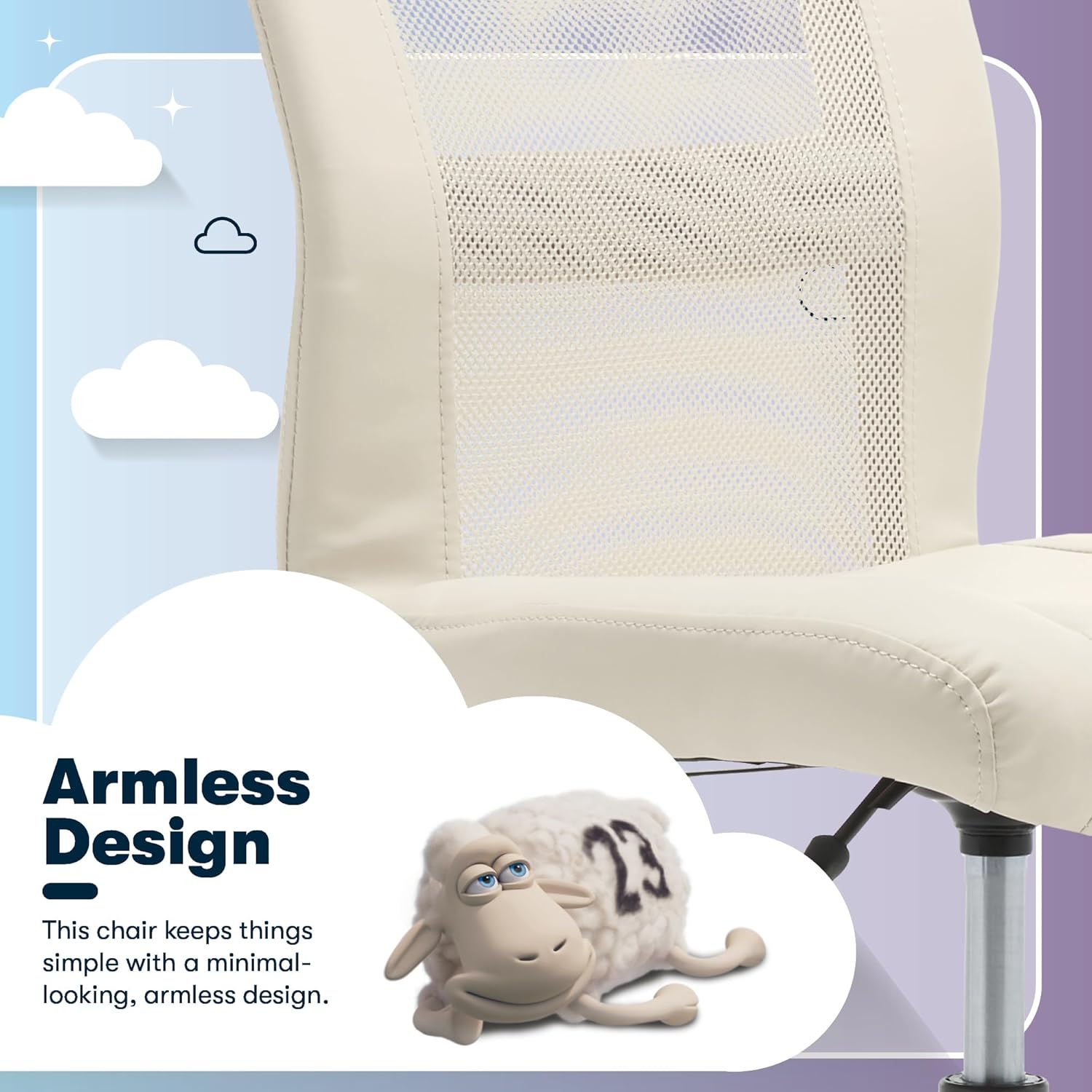 Serta Essential Armless TaskChair, Small Desk Chairs with Wheels, Breathable Mesh Back and Faux Leather, Quality Foam Cushion Seat for Comfort, Minimal Design for Vanity Table, Cream White
