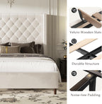 King Size Bed Frame, Upholstered Platform Bed with 62" Tall Wingback Headboard, Velvet Modern Luxury Design, No Box Spring Needed, Easy Assembly, Noise Free, Beige