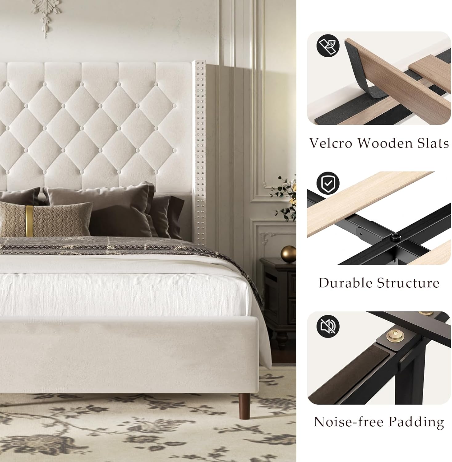 King Size Bed Frame, Upholstered Platform Bed with 62" Tall Wingback Headboard, Velvet Modern Luxury Design, No Box Spring Needed, Easy Assembly, Noise Free, Beige