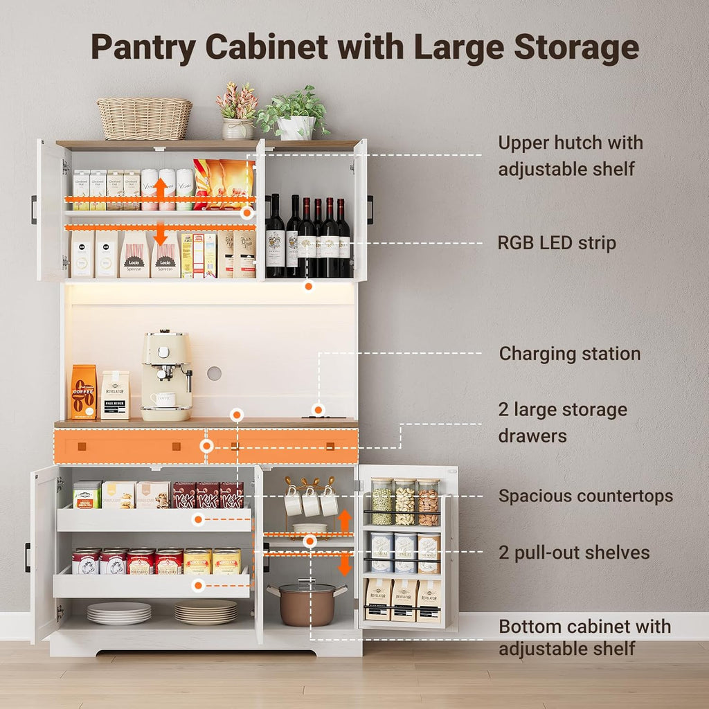 71" Kitchen Pantry Cabinet with Charging Station & LED Lights, Tall Kitchen Storage Cabinet with Hutch Coffee Bar, Farmhouse Pantry with Door Shelf & pull out Shelf for Dining Room Kitchen, White