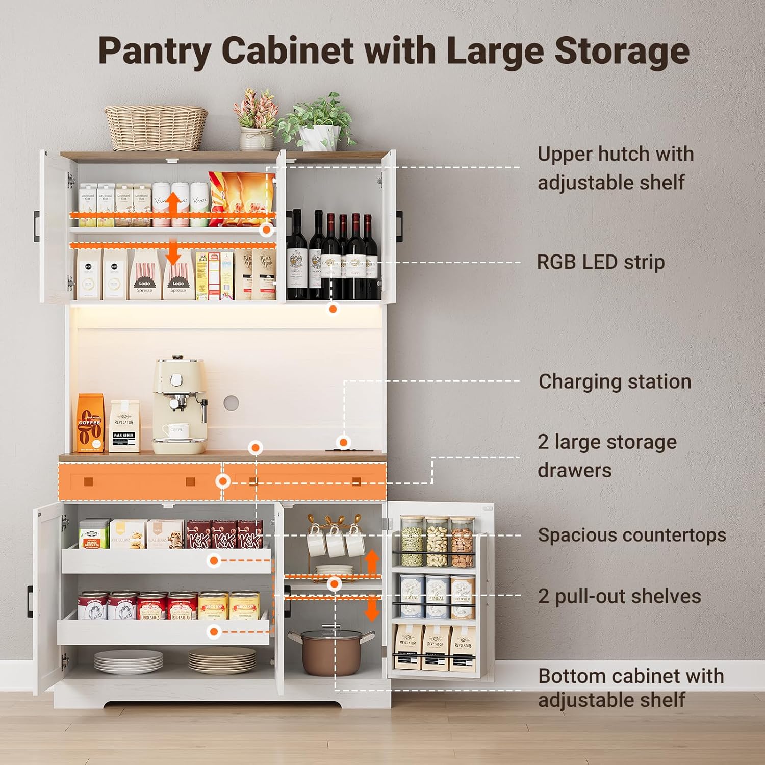71" Kitchen Pantry Cabinet with Charging Station & LED Lights, Tall Kitchen Storage Cabinet with Hutch Coffee Bar, Farmhouse Pantry with Door Shelf & pull out Shelf for Dining Room Kitchen, White