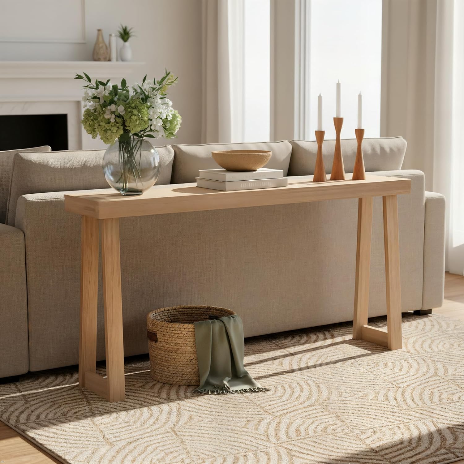 Plank+Beam Solid Wood Console Table, 66 Inch, Sofa Table, Narrow Entryway Table for Hallway, Behind The Couch, Living Room, Foyer, Easy Assembly, Blonde