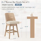 LUE BONA Rattan Bar Stools Set of 3, 27” Swivel Wooden Bars Stools with Thick Linen Seat, Handwoven Back & Wooden Leg, Counter Height for Kitchen Island, Apricot
