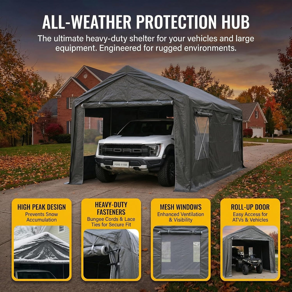 Storage Shed, 3/4 inch Thick Support Rods & Bolted Frame (Not Socket), Rolled Up Doors and Ventilation Window, Carports Car Tent 10 × 20 × 9 FT