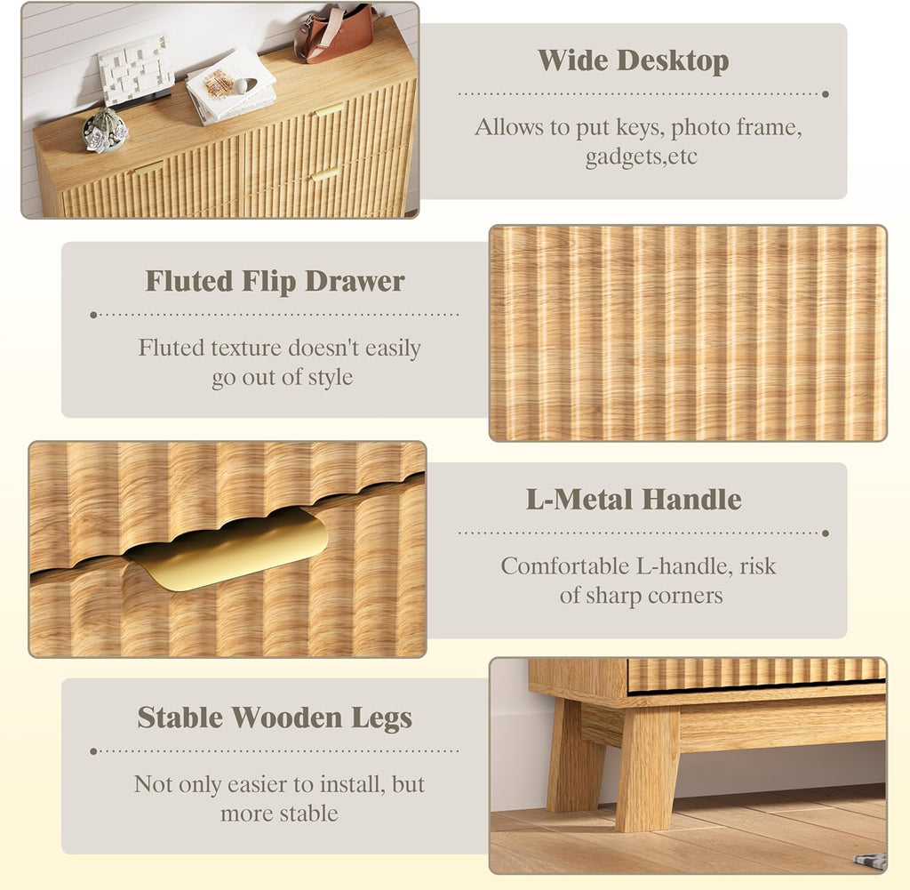 Shoe Cabinet Storage for Entryway with 6 Flip Drawers, Fluted Narrow Shoe Organizer with Wooden Legs, Freestanding Slim Shoe Storage Hidden Shoe Rack Organizer for Front Door Entrance, Oak