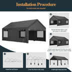 Shintenchi 12x20 FT Heavy-Duty Design Carport,Portable Garage Canopy,Carport Canopy with Side-Opening Removable Door & Roll-Up Window,Portable Car Port for Car, Truck, Boat,Grey