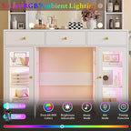 Makeup Vanity Desk with Mirror and Lights, White Vanity with Glass Top, LED Lights & Power Outlet, 3 Drawers & 2 RGB Glass Cabinets, Adjustable Lighted Dressing Table for Women & Girls Bedroom