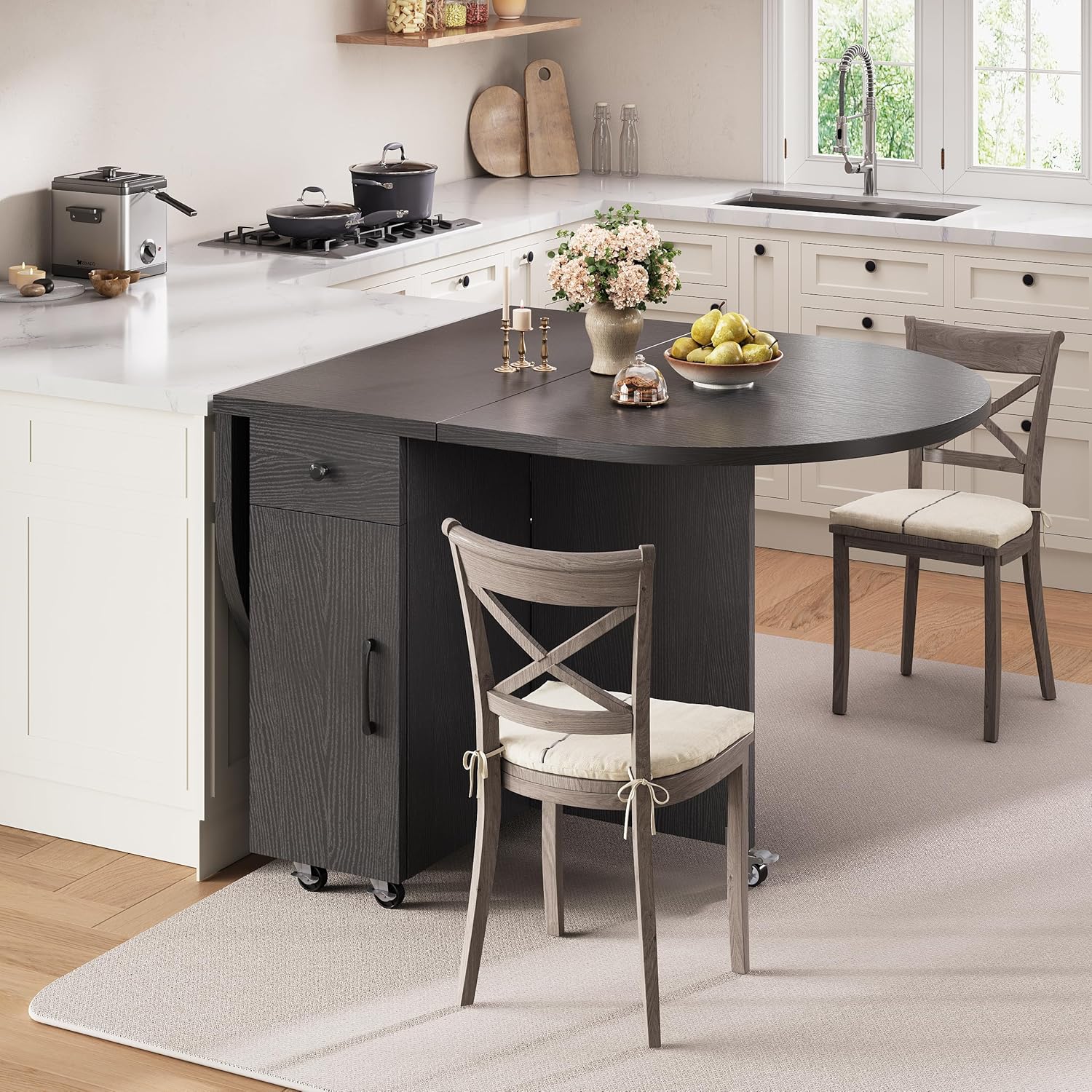 Jocoevol Round Folding Dining Table for 6, Space Saving Drop Leaf Kitchen Table with Storage Drawer, 6 Wheels Oval Gateleg Foldable Dining Table for Small Spaces (Black, 51" x 31.5" x 30")