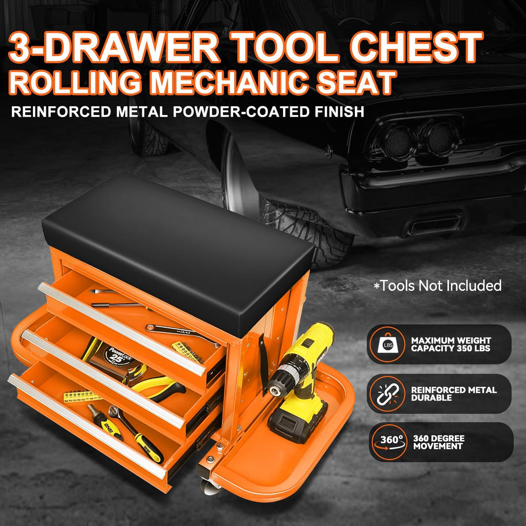 PM PERFORMOTOR 3-Drawer Tool Chest Rolling Mechanic Seat with Tool Trays,350lbs Max Weight Capacity, Orange,PM-TOL-RST1-OG