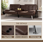 Flamaker Futon Sofa Bed Modern Folding Futon Set Convertible Recliner Lounge for Living Room with 2 Cup Holders, Removable Armrests (PU Leather, Brown)