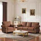 Mid-Century Vintage Sofa Couches with Rivet Design,3-Seater Sofa,Removable Sofa Cover Upholstered Cushions and Solid Wood Frame (Caramel, 3-Seater)