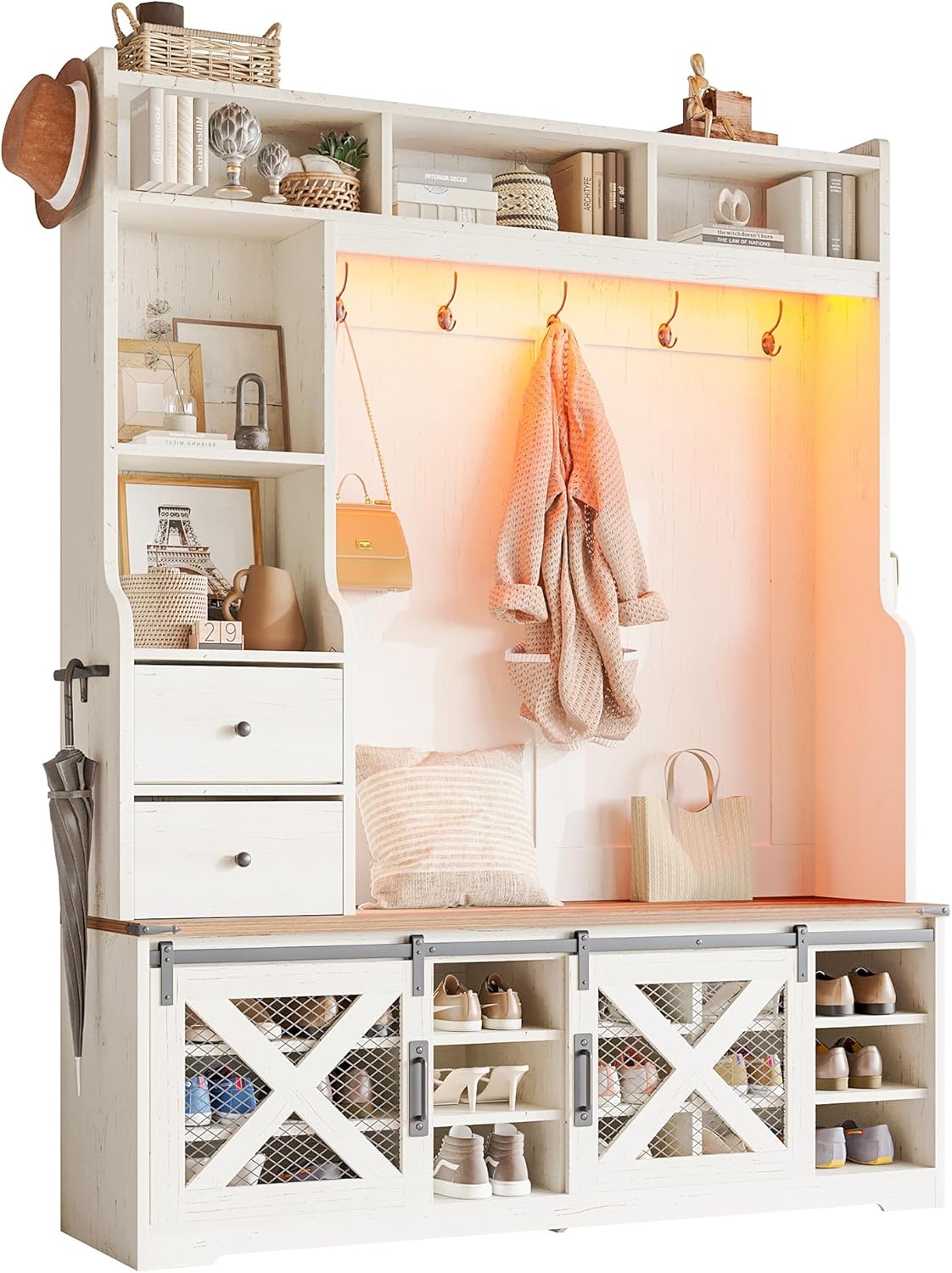 AMERLIFE 7-in-1 Farmhouse Hall Tree with Bench and Shoe Cabinet, LED Entryway Organizer with 2 Drawers, 12 Shoe Cubbies & Barn Doors, 7 Coat Racks with Shoe Storage, Rustic White