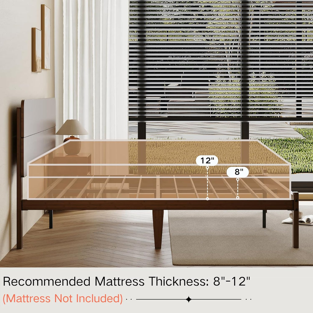 14 Inch High Solid Bamboo Wood Queen Bed Frame with Headboard, Heavy Duty Steel Slat Support, No Box Spring Needed, Easy Assembly