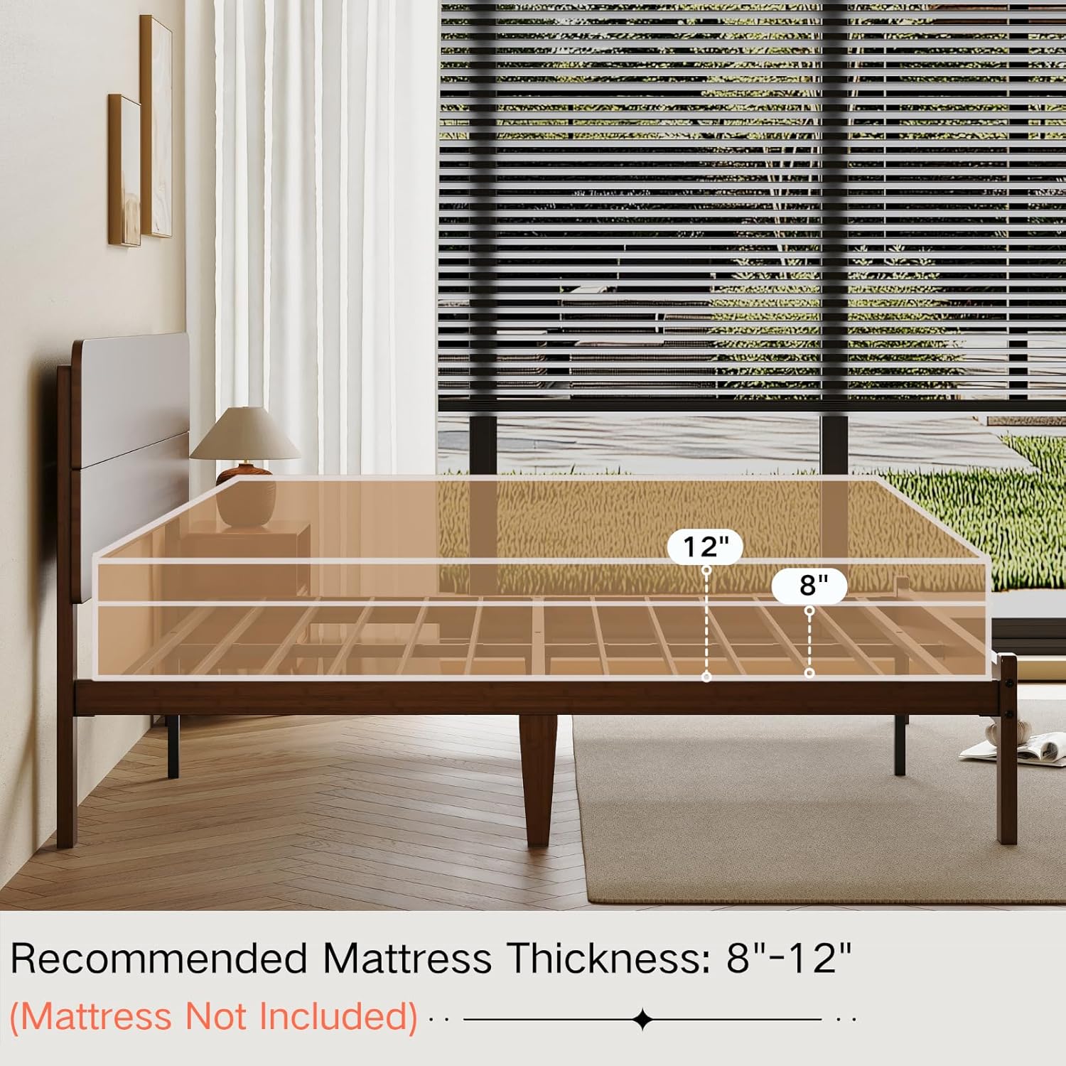 14 Inch High Solid Bamboo Wood Queen Bed Frame with Headboard, Heavy Duty Steel Slat Support, No Box Spring Needed, Easy Assembly