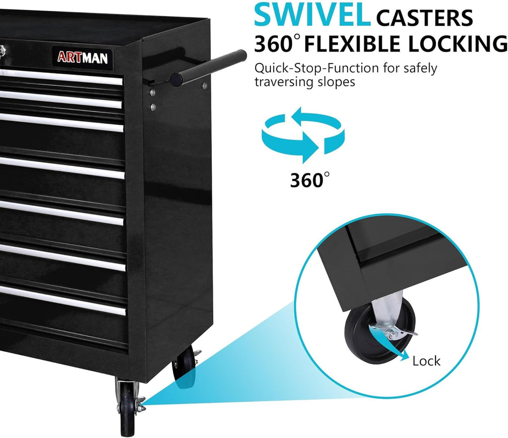 7 Drawers Rolling Tool Cart on Wheels, Multifunctional Organizer Tool Chest Tool Case, Trolley Tool Storage Tool Box for Workshop,Garage,Repair Shop (7 Drawers 24.2" W×12.9" D×29.9" H-Black)