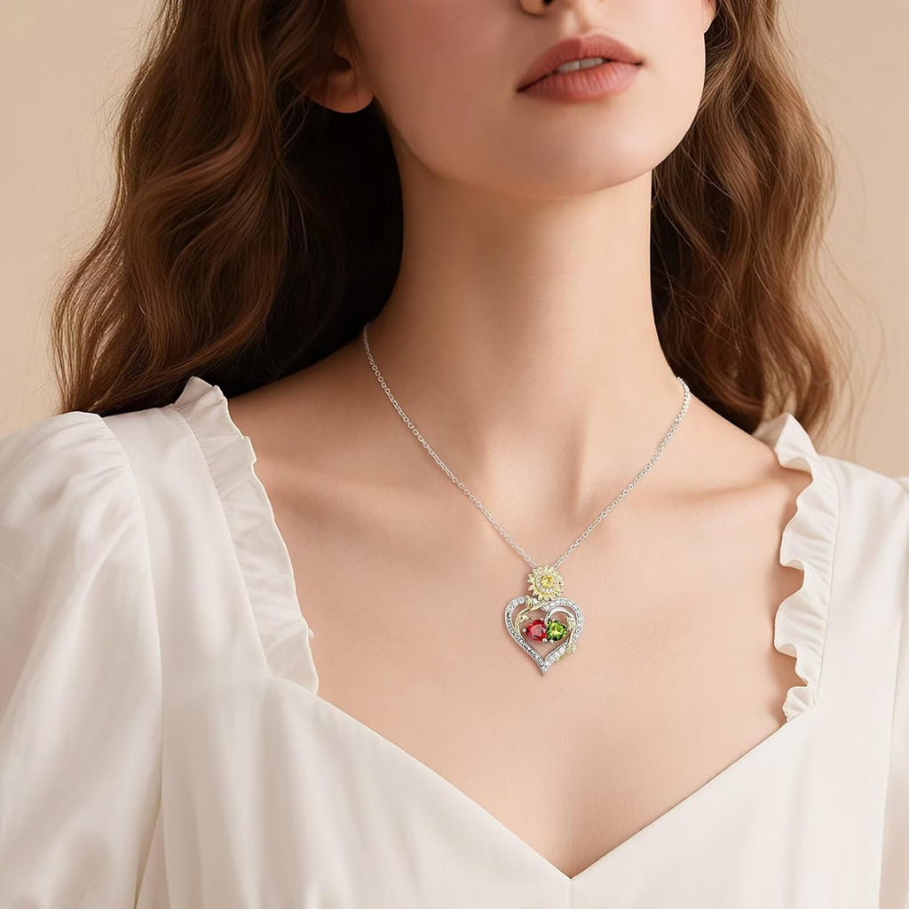 Iefil Mothers Day Gifts - 925 Sterling Silver Sunflower Double Birthstone Necklace for Women, Anniversary Birthday Gifts for Wife Mom
