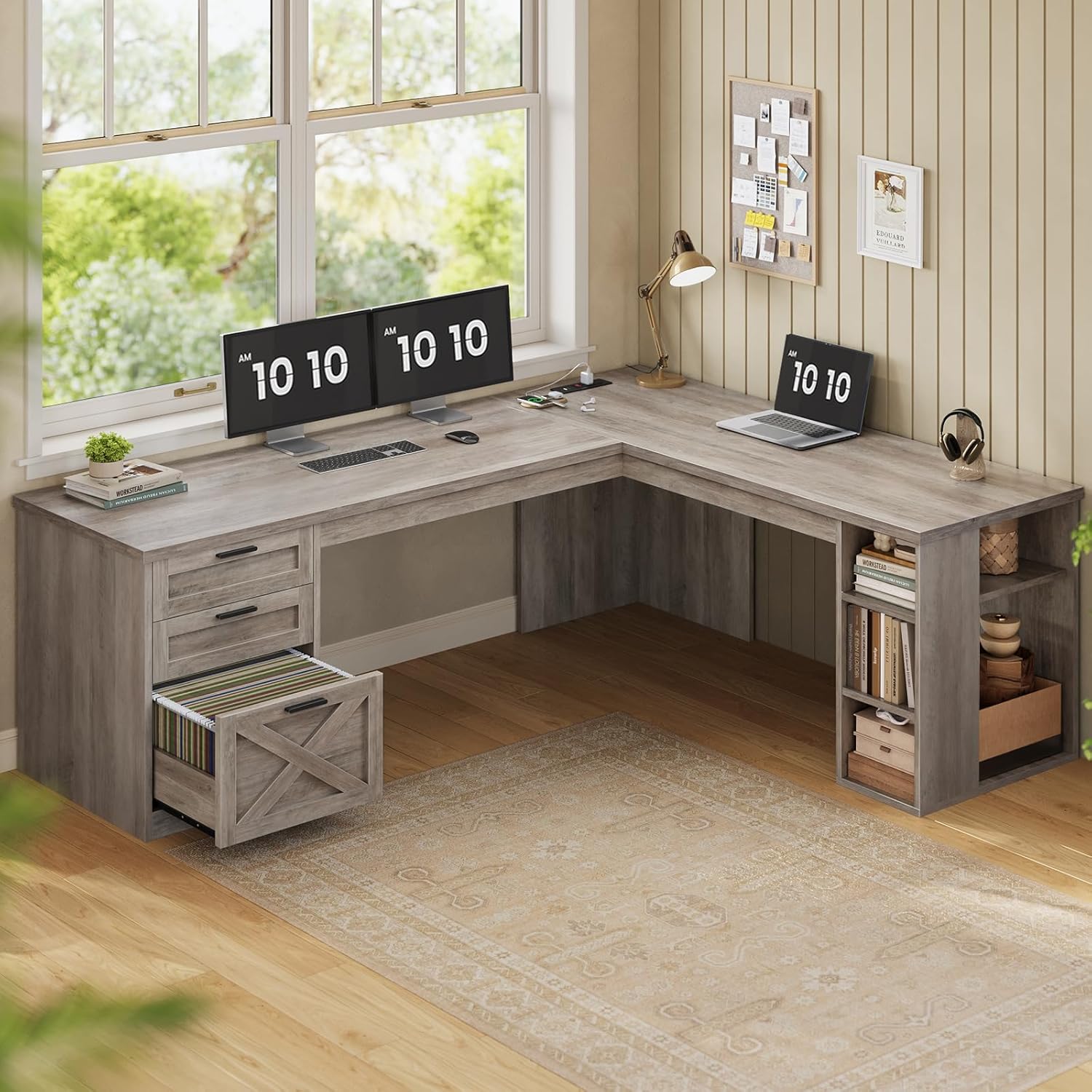 SEDETA Farmhouse 67" L Shaped Desk with 3 Drawers, Executive Desk, Home Office Desks with Storage Shelves, Corner Computer Desk with Power Outlets for Home Office, Grey