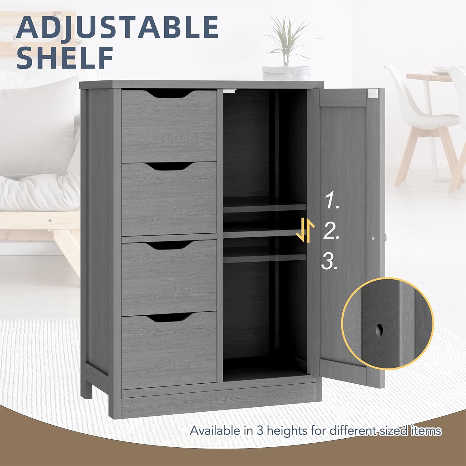 Walsunny Bathroom Floor Storage Cabinet, Wooden Storage Organizer with 4 Drawers and 1 Cupboard, Freestanding Entryway Storage Unit Console Table(Gray)