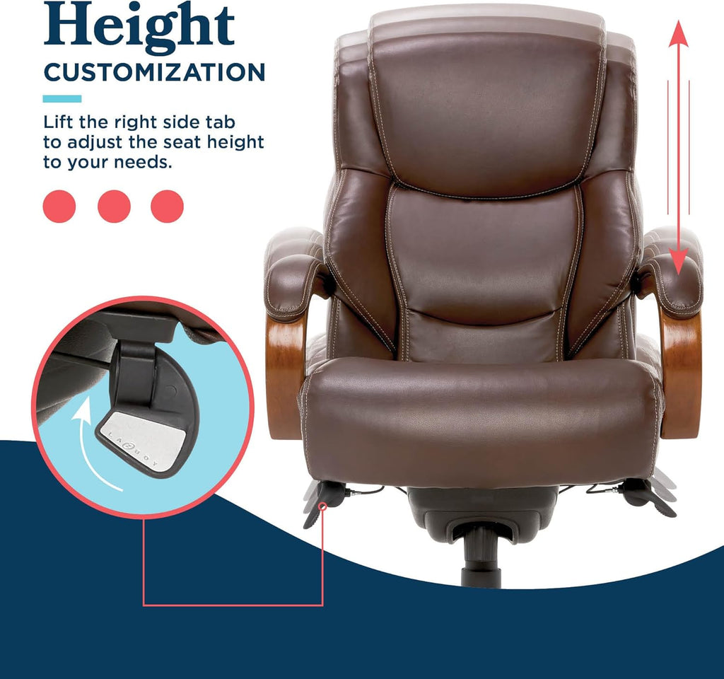 La-Z-Boy Delano Big and Tall Executive Office Chair - Ergonomic Lumbar Support Memory Foam - Bonded Leather Desk Chair for Home Office - Mahogany Wood Arms - Chestnut Brown