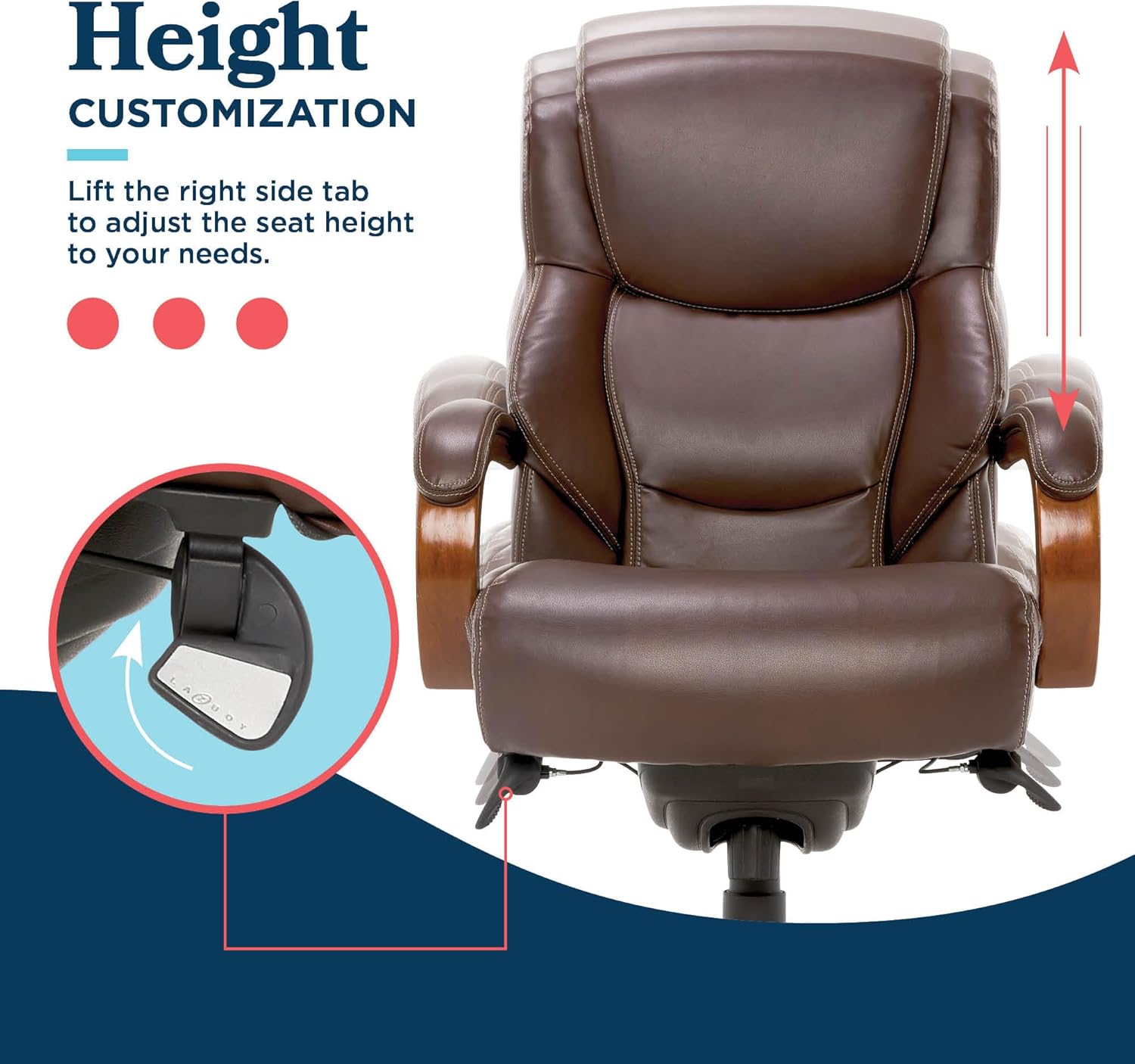 La-Z-Boy Delano Big and Tall Executive Office Chair - Ergonomic Lumbar Support Memory Foam - Bonded Leather Desk Chair for Home Office - Mahogany Wood Arms - Chestnut Brown