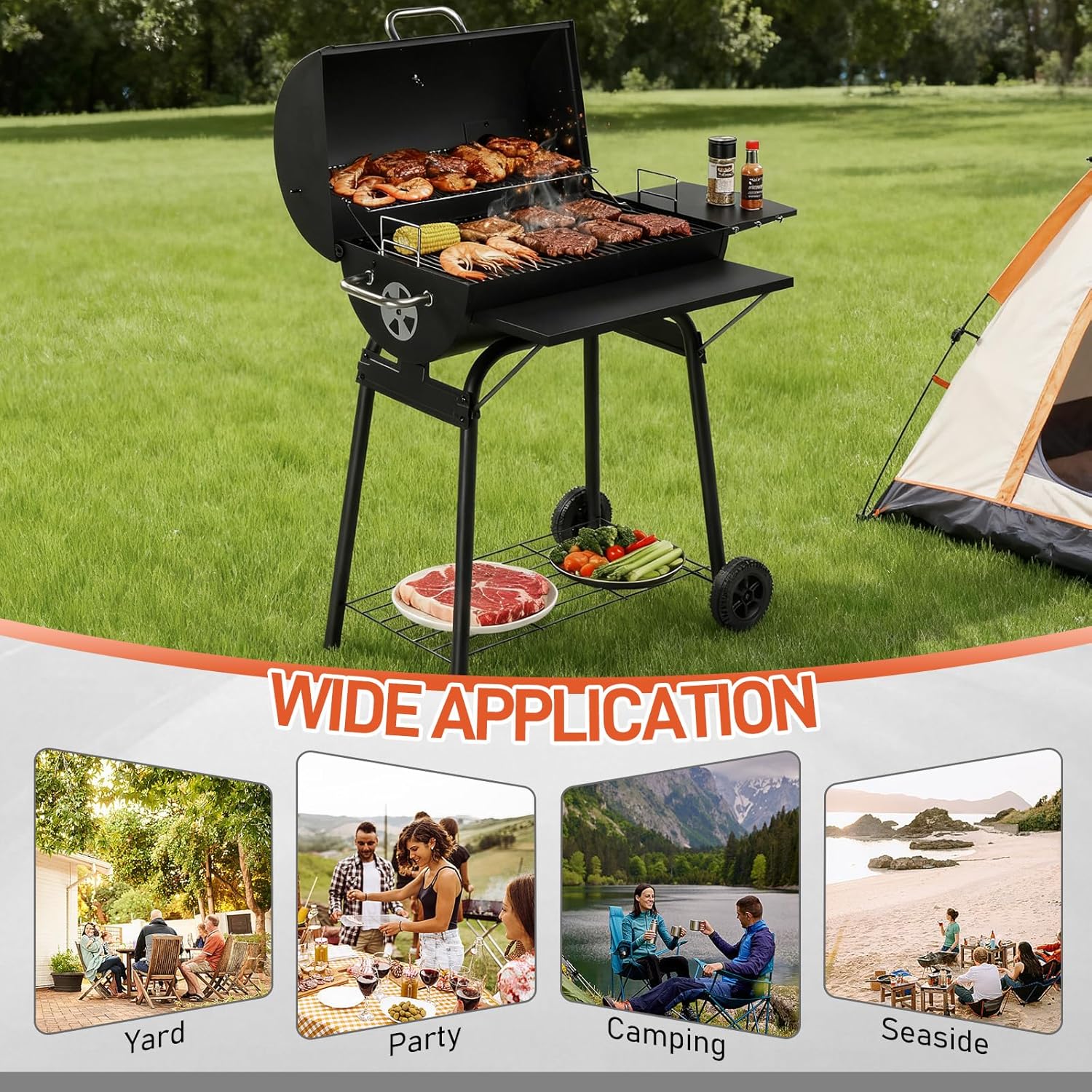 VINGLI Upgraded Barrel Charcoal Grill with Side Front Tables, Adjustable Charcoal Tray BBQ Grill Outdoor Smoker Grill with Wheels for Party Garden Patio and Backyard Cooking 39''D × 24''W × 46''H