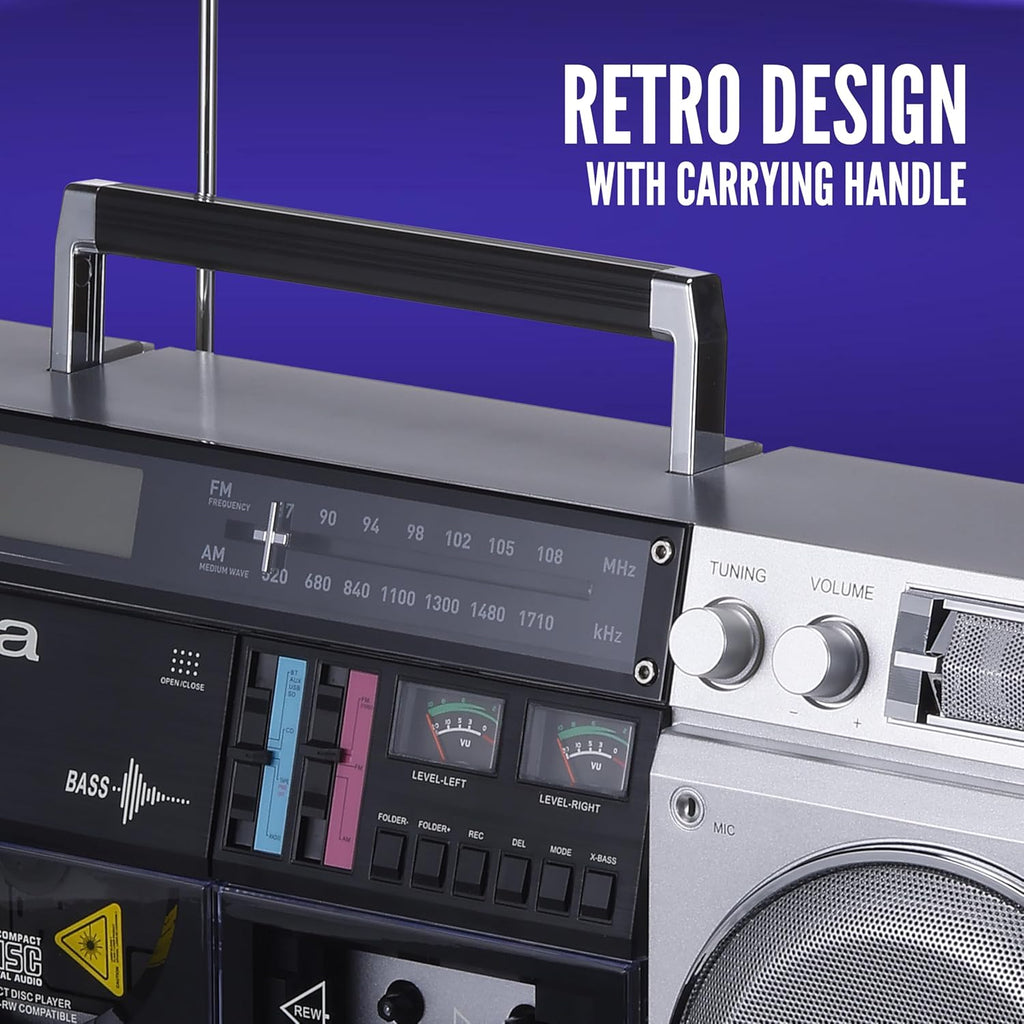 aiwa Retro Boombox CD Player with Cassette Recording  Bluetooth 5.0  FM/AM Radio  USB/SD/AUX Inputs  VU Meters  LCD Display  Dual 40W Speakers - Silver