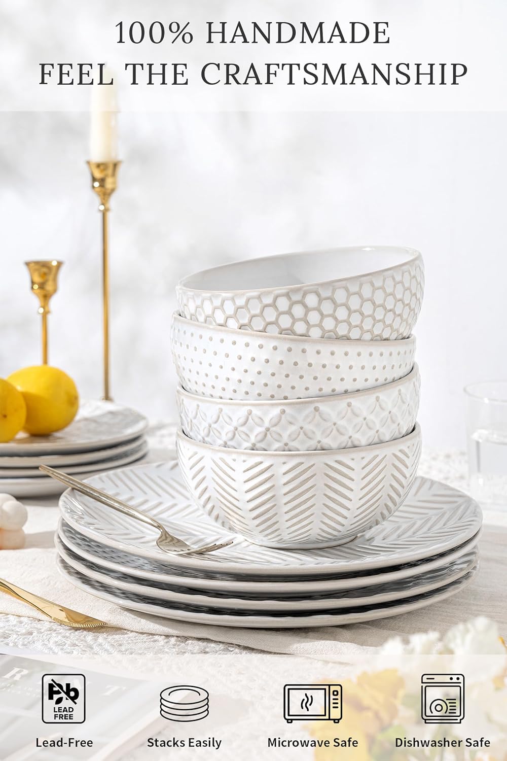 FOBENTA 24-Piece Ceramic Dinnerware Set,Large Plates and Bowls Set for 6,Elegant Dish Set for Families & Entertaining–Microwave & Dishwasher Safe Tableware (Double Bowl)