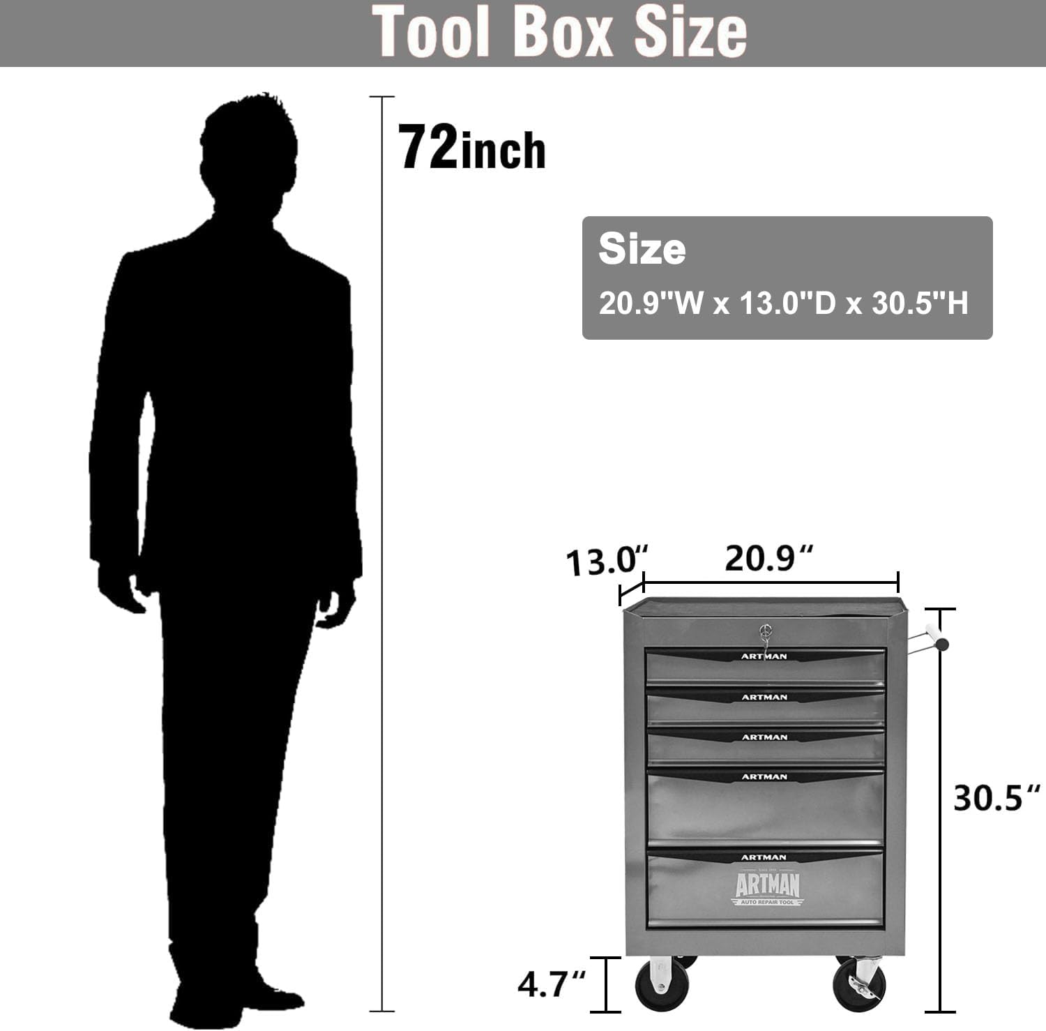 5 Drawers Tool Cart on Wheels, Multifunctional Rolling Tool Chest, Drawers Mobile Trolley Organizer Heavy Duty Tools Box with Locking Wheels & Ball Bearing Drawers (Silver, 5 Drawers)