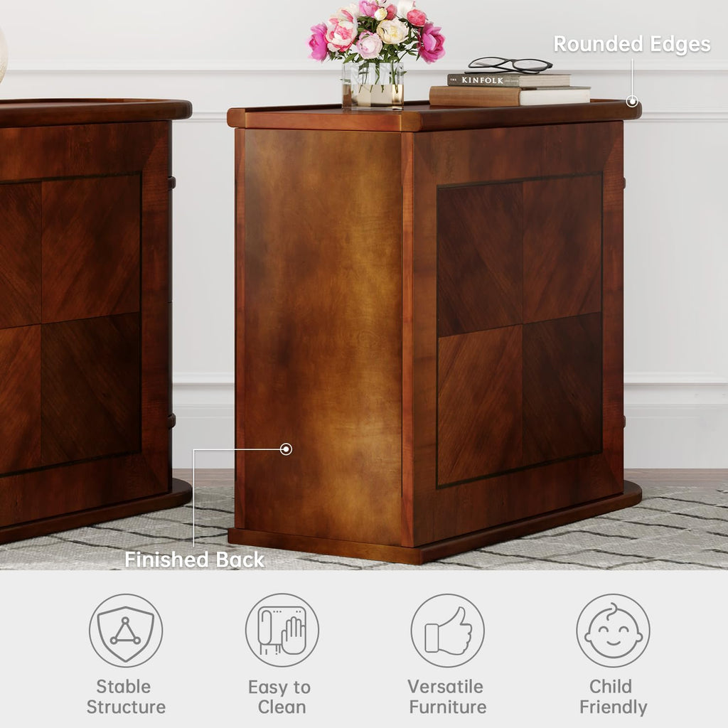 Wood End Table with 2 Drawers, No Assembly Required Narrow Sofa Side Table for Living Room, Vintage Slim Nightstand Bedside Table for Bedroom (2 Drawers, Brown, 2 Pcs)