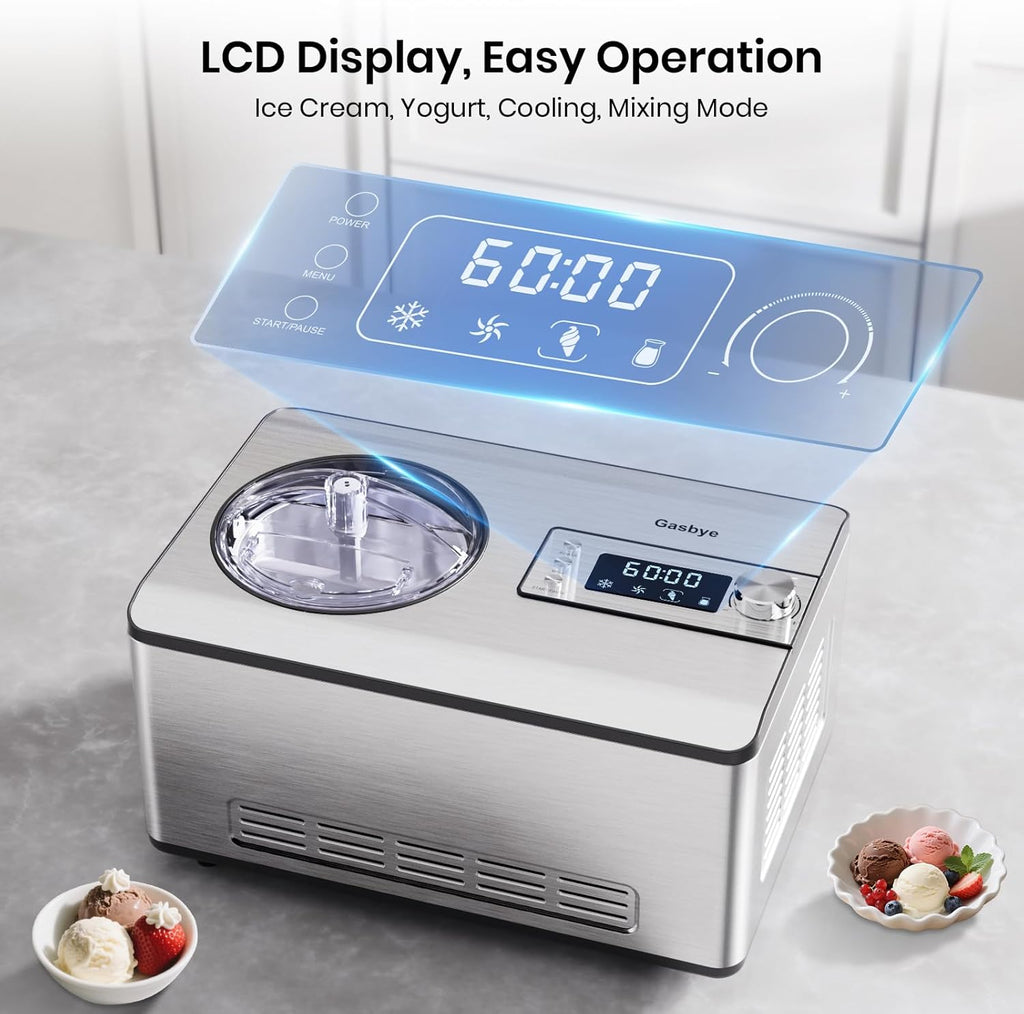 Ice Cream Maker with Upgraded Compressor, 40% Faster Freezing, No Pre-Freezing Needed, LED Display, 2.1 Qt Capacity, Easy Operation for Ice Cream & Yogurt, Stainless Steel