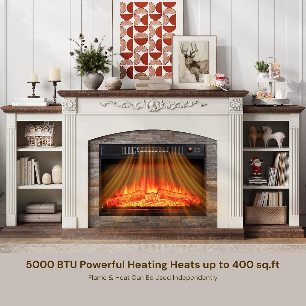 72" Electric Fireplace TV Stand for TVs Up to 85", Farmhouse Entertainment Center with Realistic Stacked Stone Surround, Freestanding Heater, Wooden Carved Mantel for Living Room, White