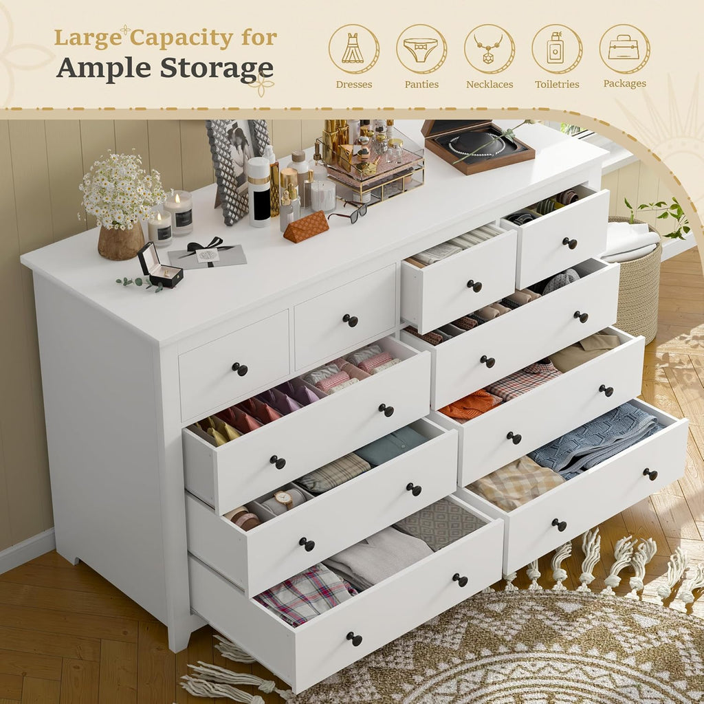 White Dresser for Bedroom with 10 Spacious Drawers Large Wood Dresser TV Stand for Bedroom Modern Chest of Drawers for Living Room Hallway Entryway, Smooth Slide, 15.7" D x 52" W x 36.5" H