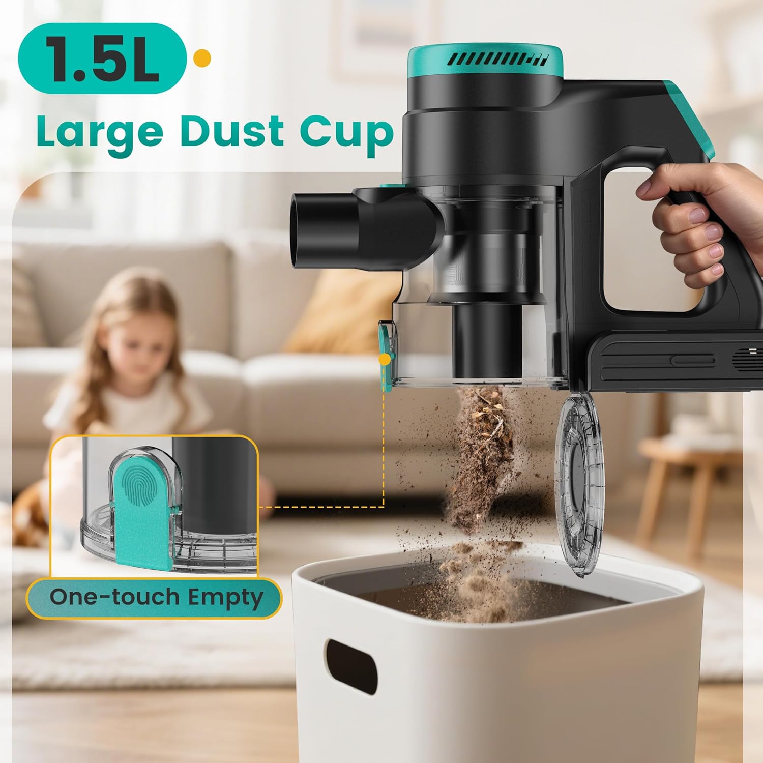Zefiro 350W Cordless Vacuum Cleaner,45Mins Runtime Vacuum Cleaners for Home, Anti-Tangle and 1.5L Dust Cup, Lightweight Vacuum for Hardwood Floor Carpet Pet Hair (Green)