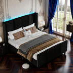 Queen Upholstered Bed Frame with Headboard and Footboard, Boucle and Velvet Bed Frame with LED Lights, Modern Platform Bed Frame, Noiseless, Easy Assembly, Black