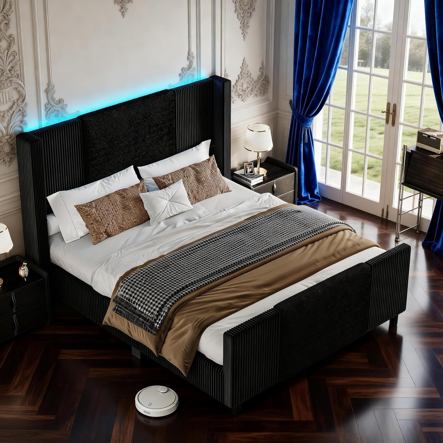 Queen Upholstered Bed Frame with Headboard and Footboard, Boucle and Velvet Bed Frame with LED Lights, Modern Platform Bed Frame, Noiseless, Easy Assembly, Black