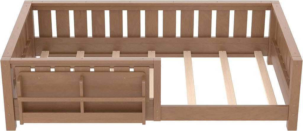 Bellemave Natural Montessori Floor Bed with Fence and Slats, Twin Size Montessori Floor Bed with Bookcase and High Rails, Easy Assemble Bed Frame for Girls, Boys, Twin