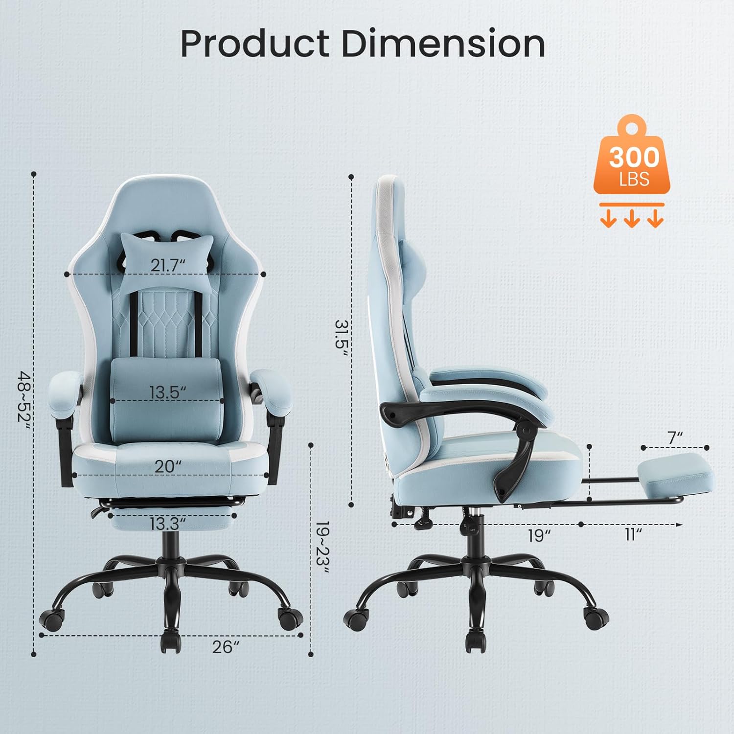 Sweetcrispy Video Game Chair - High Back Ergonomic Computer Desk Chair with Footrest & Lumbar Support, Height Adjustable Task Chair with Linkage Armrests and Headrest, 360° Swivel Wheels, Blue