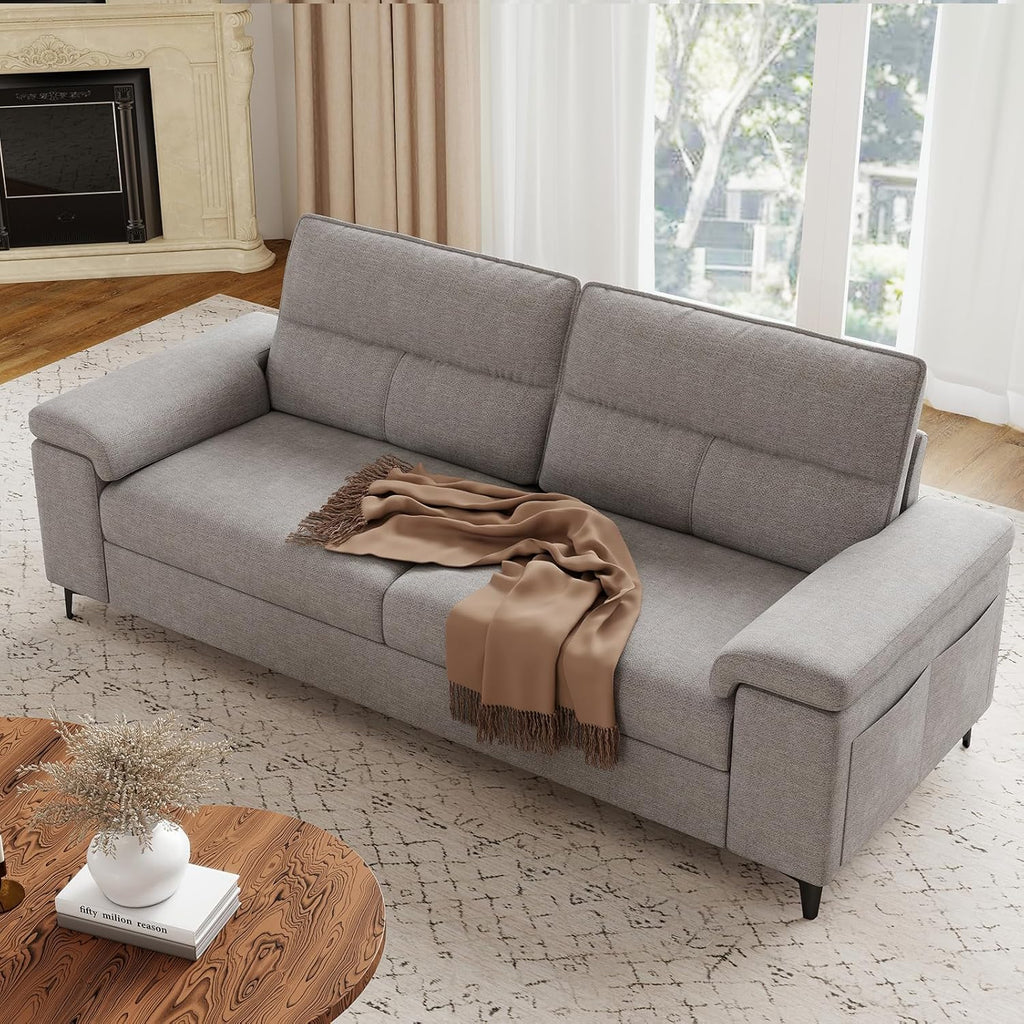 88.97" Modern Sofa Couches for Living Room, Deep Seat Sofas with 8”Cushion, Comfy 2-Seater Chenille Loveseat with Convertible Armrest, Removable Sofa Cover, High Leg(Light Gray)