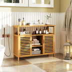 Giantex Bamboo Bathroom Storage Cabinet, 2-Door Storage Organizer with Shelves, Freestanding Floor Cabinet, Slatted Bamboo Home Furniture for Living Room Entryway Kitchen Dining Room, Natural