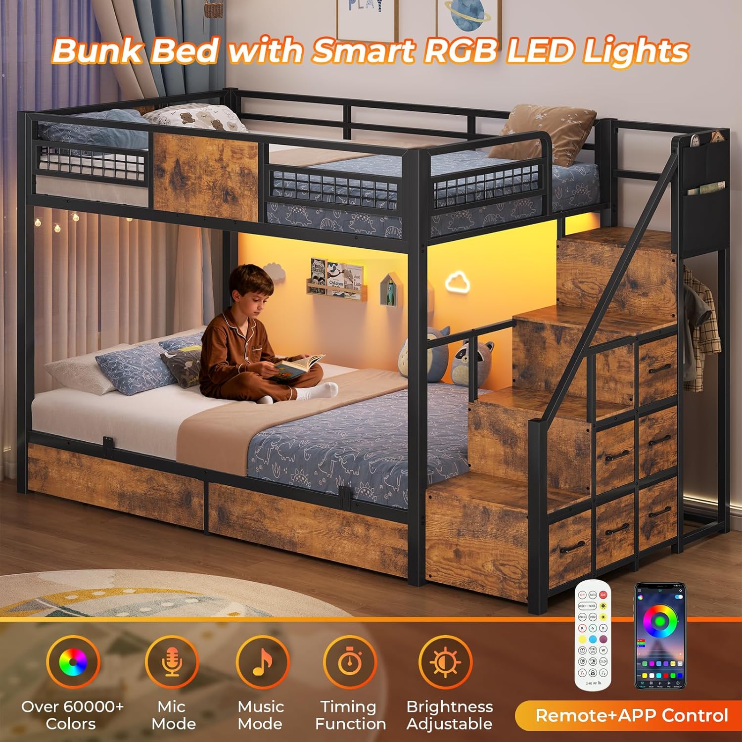 BTHFST Bunk Bed Twin Over Twin with Stairs, LED Lights Twin Bunk Bed with 2 Storage Drawers & 6 Fabric Drawers, Metal Twin Loft Beds with Guardrail & Stairs, Space Saving, Sturdy Frame