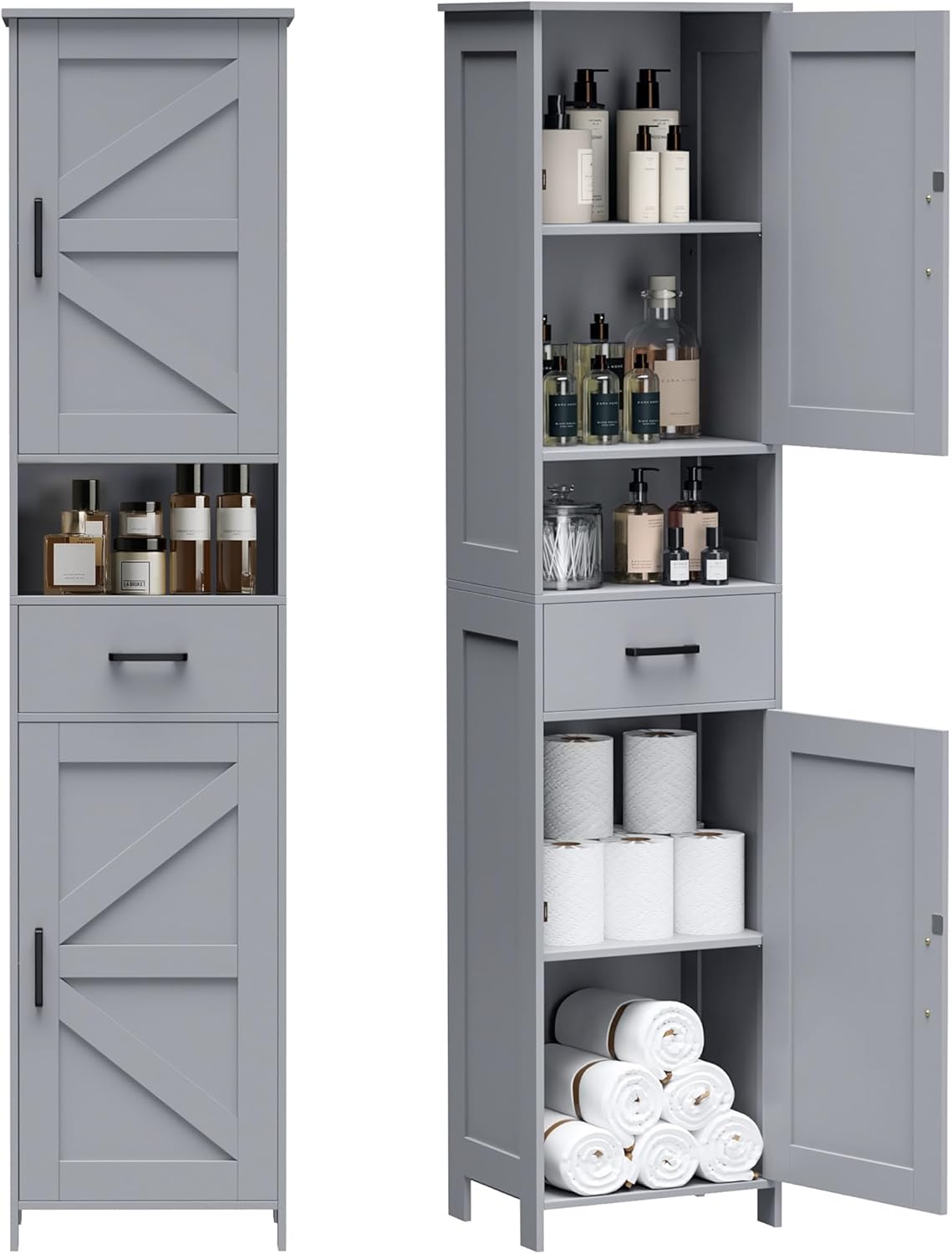 Homhedy 67" H Tall Bathroom Storage Cabinet with 2 Barn Doors and 1 Drawer, Narrow Storage Unit, Adjustable Shelves, Floor Cabinet for Bathroom, Living Room, Entryway, Kitchen, Gray, (15.7" W)