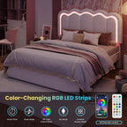 SHA CERLIN Upholstered Full Size Bed Frame with LED Lights and Large Storage Drawer, Velvet Platform Bed with Adjustable Wavy Headboard, Noise Free, Easy Assembly, No Box Spring Needed, Soft White