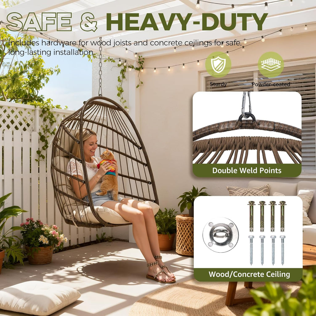 RADIATA Outdoor Hanging Egg Chair Without Stand, Foldable Wicker Rattan Ceiling Swing Chair with Padded Cushion, 350Lbs Heavy-Duty Egg Shell Hammocks for Tree Patio Balcony Garden Indoor, Brown