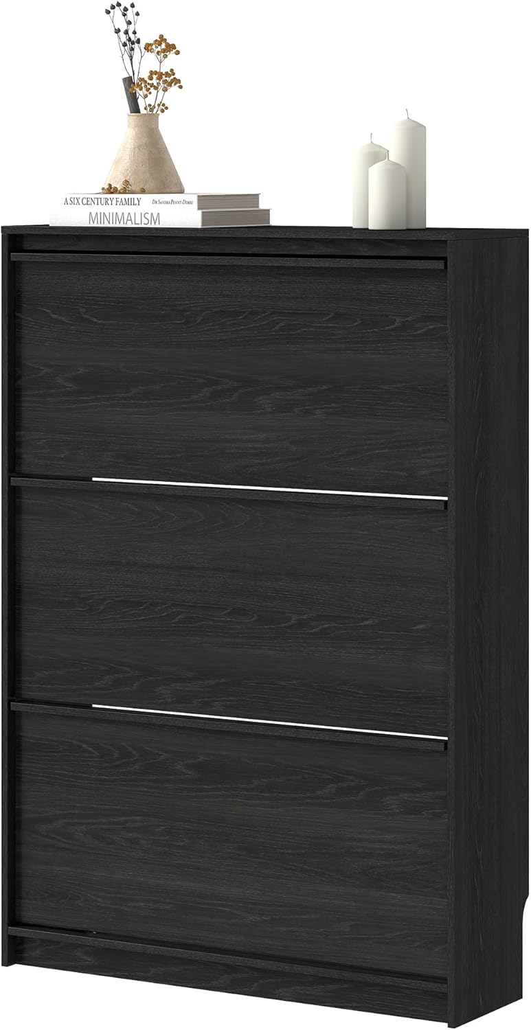 Shoe Cabinet with 3 Flip Drawers, 31.5" W Narrow Shoe Storage Cabinet for Entryway, Slim Shoe Organizer with Adjustable Shelves, Freestanding Shoe Rack for Hallway, Living Room, Black
