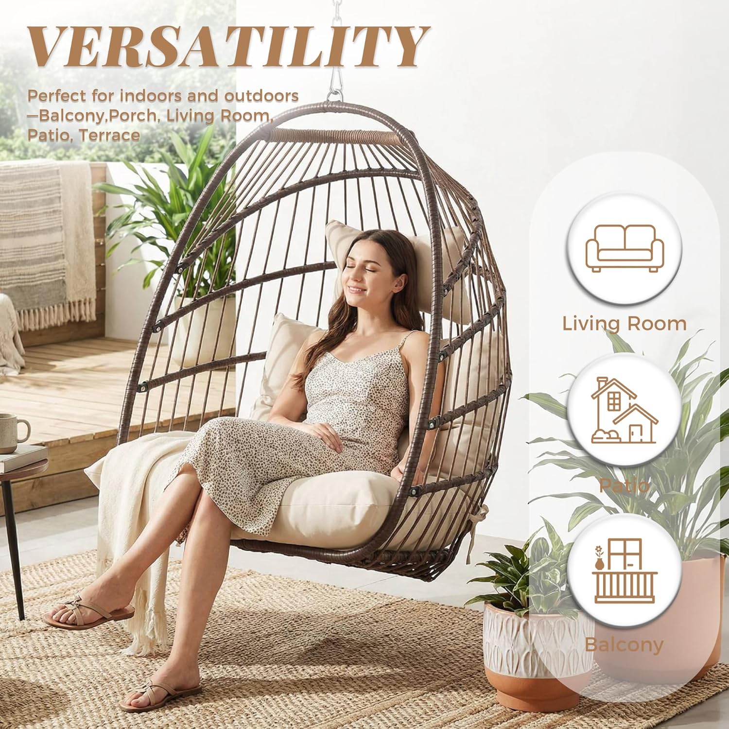 BULEXYARD Foldable Egg Swing Chair Without Stand, 350 Lbs Durable Rattan Wicker Hanging Patio Chair with Padded Cushion, Cozy Basket Hammock Seat for Indoor Outdoor Bedroom Balcony Tree, Brown Tan